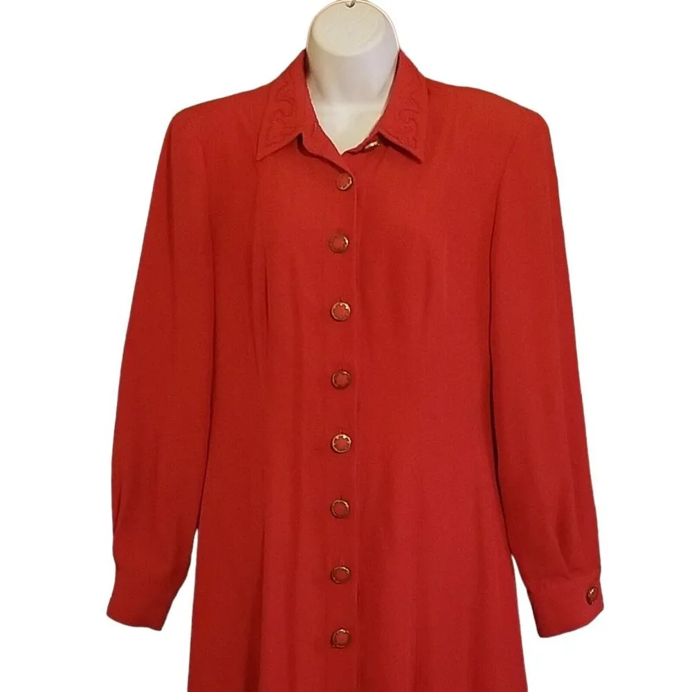 Howard Wolf Maxi Dress 12 Detachable Vest Long Sleeve Trim Buttons Red Vintage - Picture 7 of 15